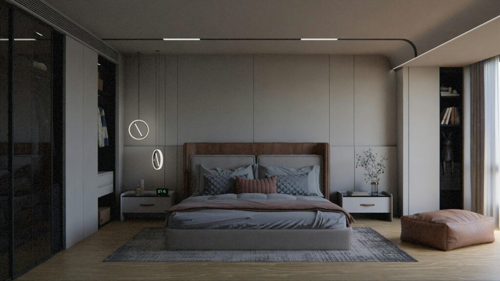 Elegant minimalist bedroom with stylish decor and modern lighting.