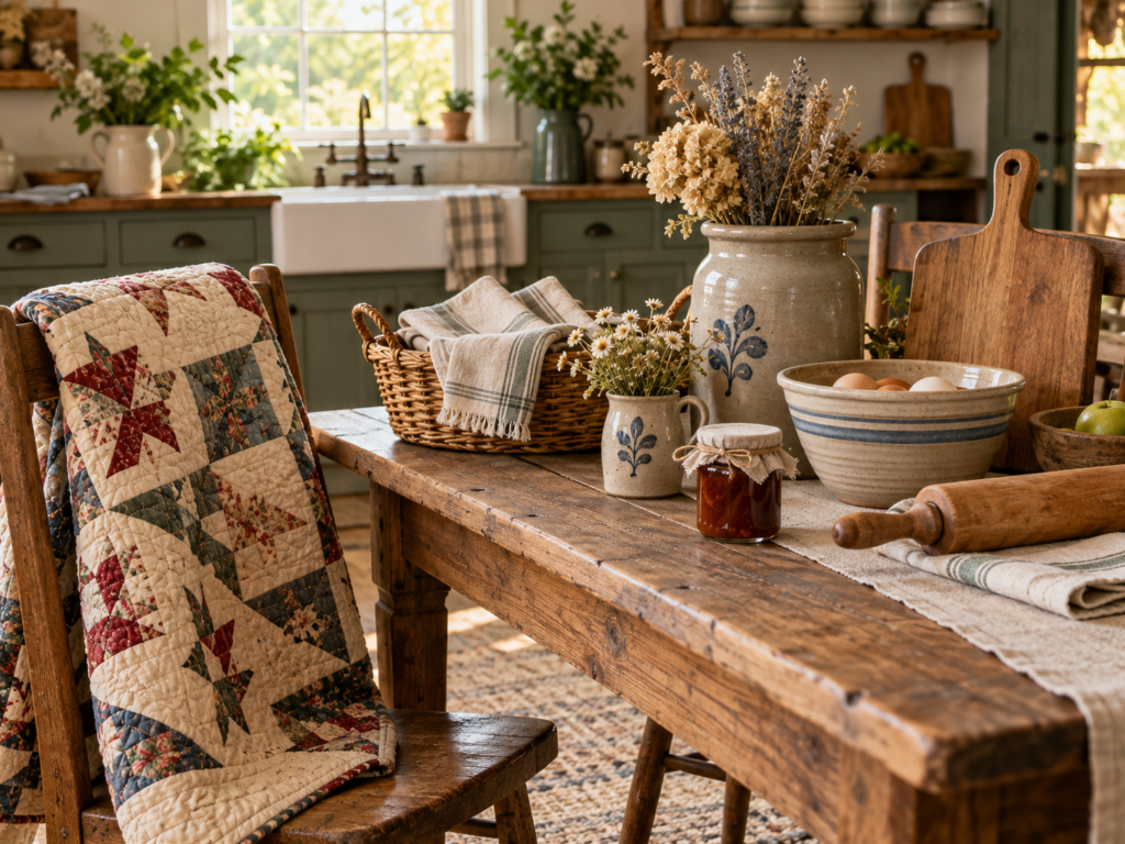 A patchwork quilt, woven basket with folded linens, and pottery in a bright farmhouse kitchen.